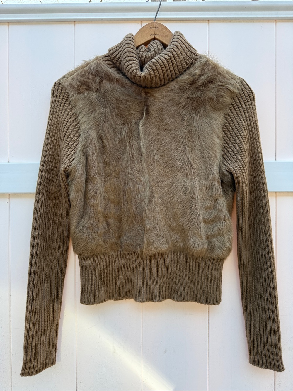 Pandemonium Faux Fur Front Cowl Neck Sweater - Taupe size M